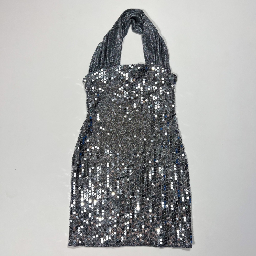 Flirtations Alfred Angelo Vintage Silver Sequin‎ Halter Mini Dress Metallic